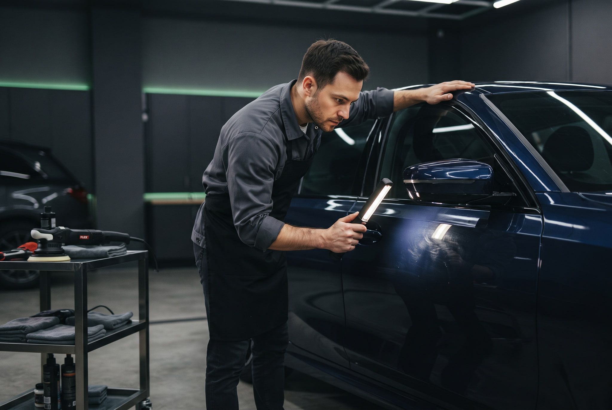 A detailer inspecting paint finish under an inspection lamp before correction work.