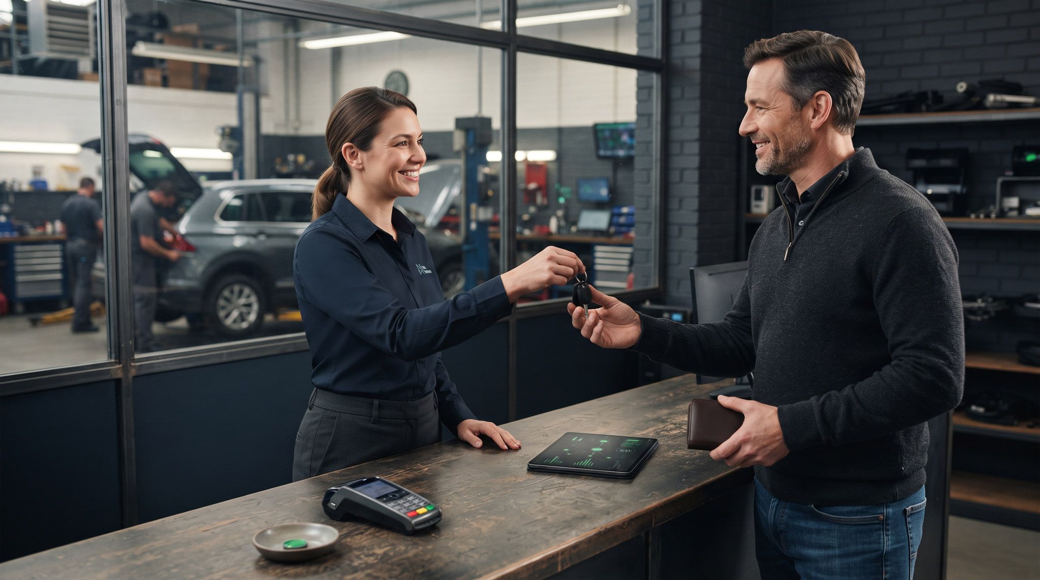 A service advisor handing car keys back to a satisfied customer after a completed repair.