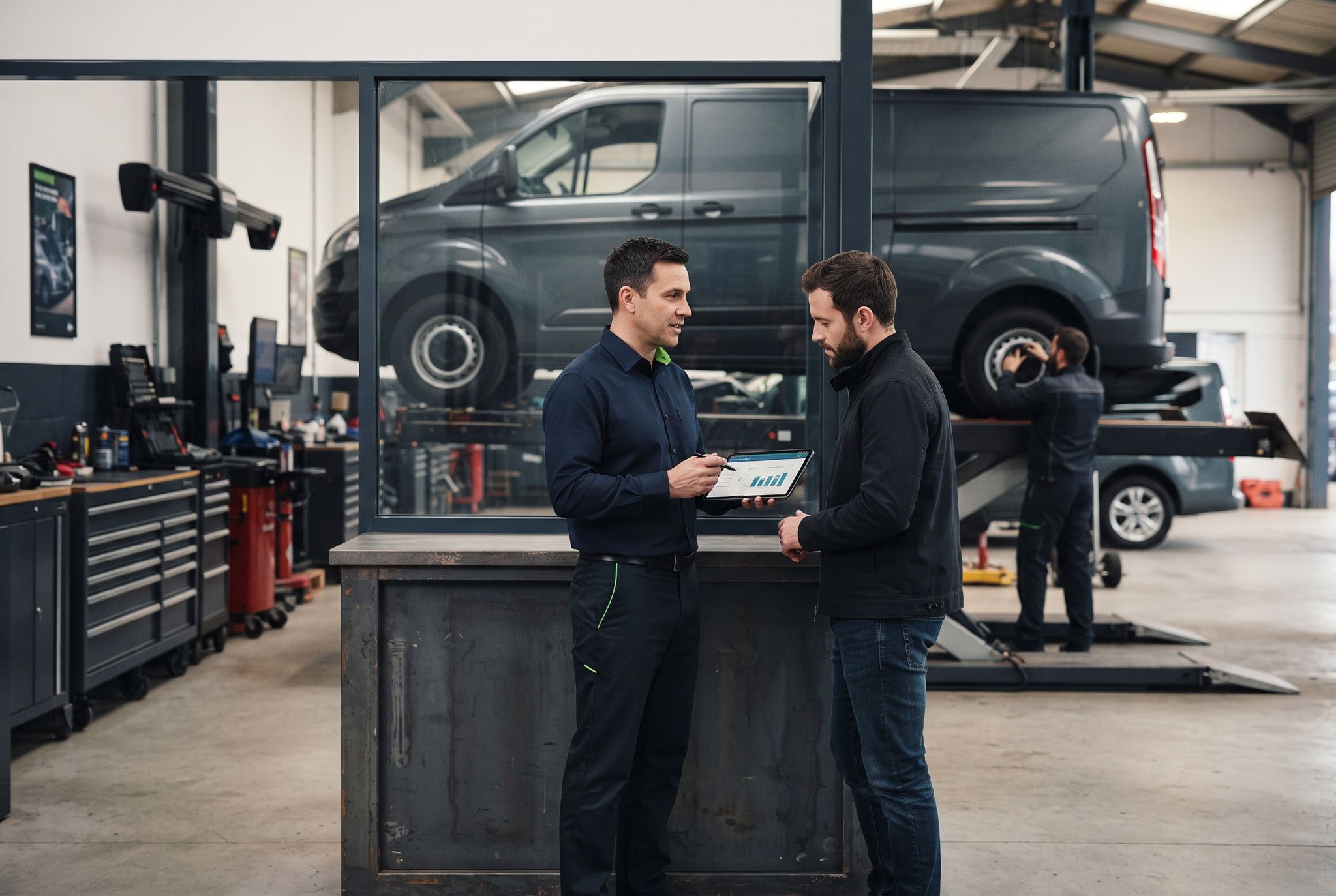A service advisor reviewing work with a customer while a technician works a lift behind.