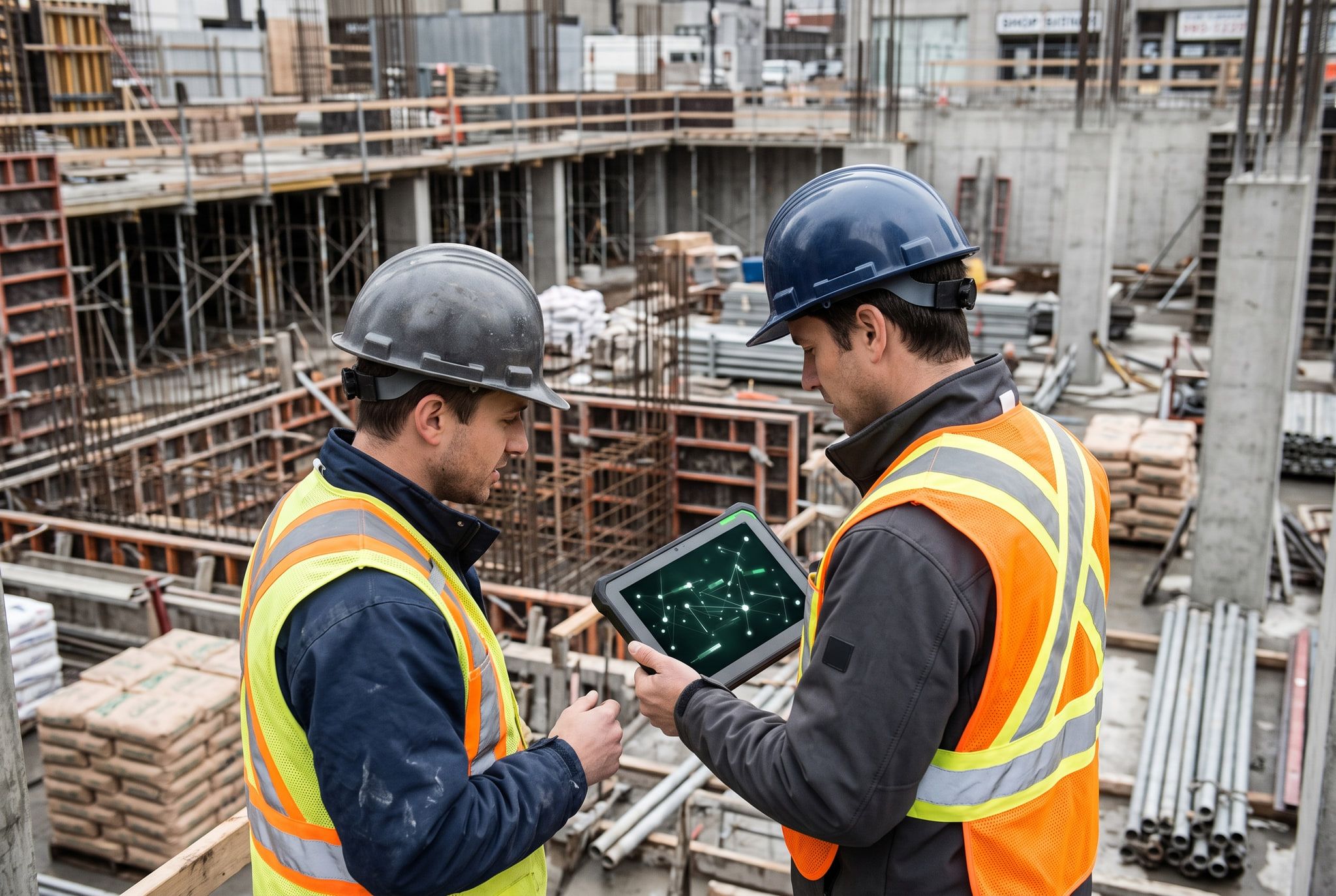 A site supervisor and crew member reviewing project status on a tablet at an active build.