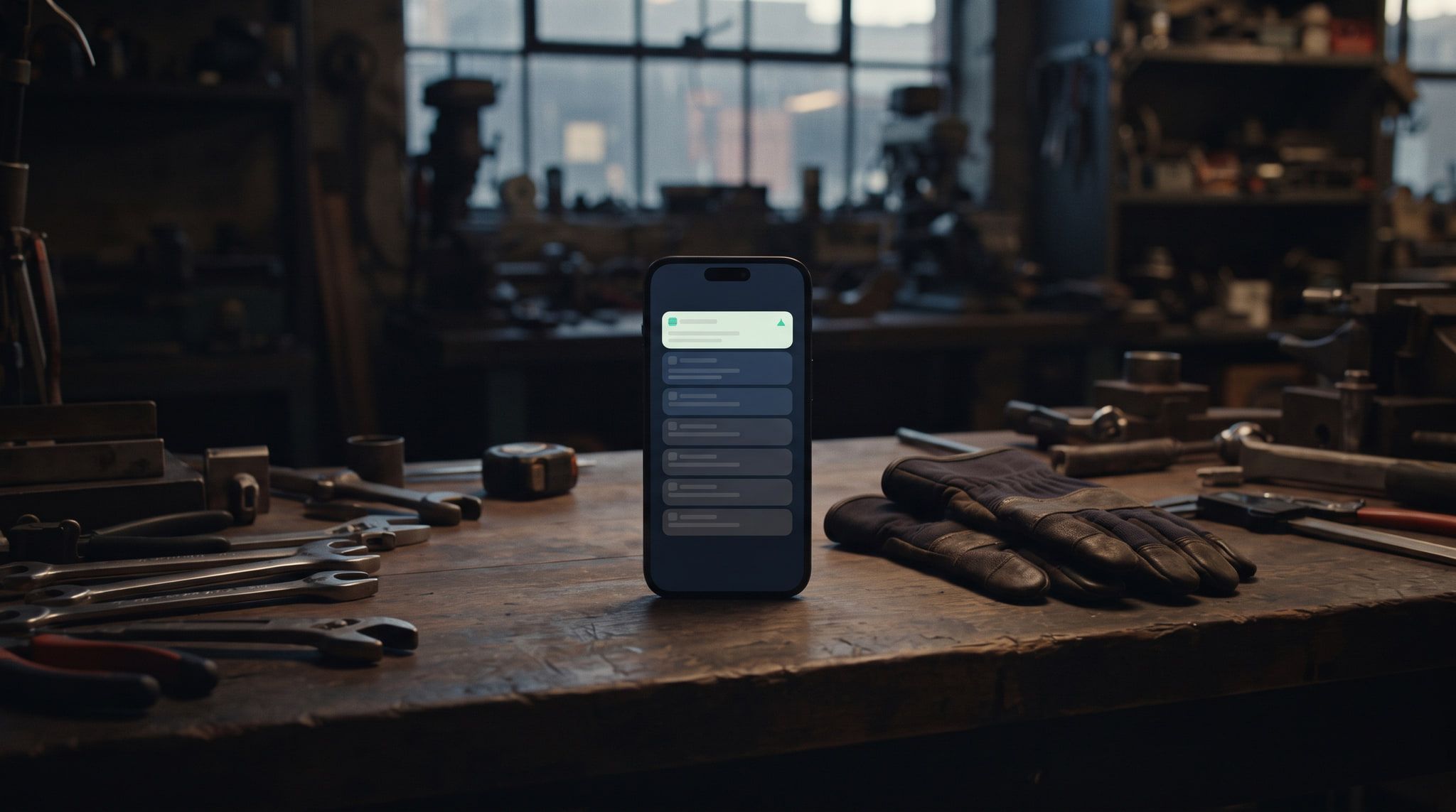 A phone on a workbench at the end of the day showing a stack of unanswered enquiries.