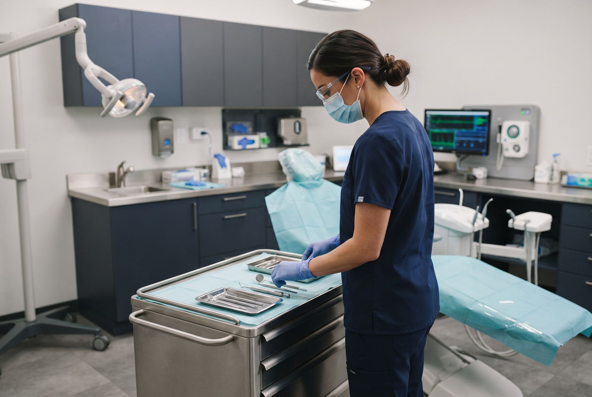 A dentist checking a prepared operatory between appointments, with no patient present.