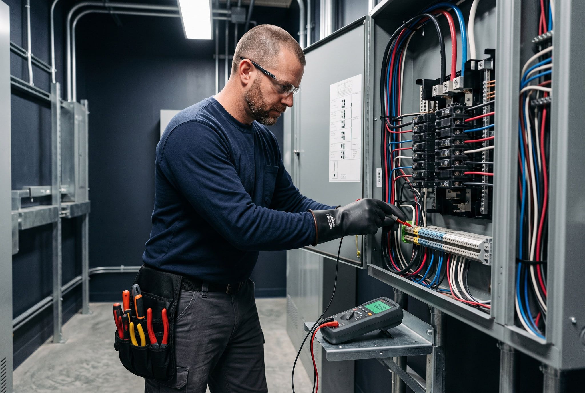 A licensed electrician testing a commercial distribution panel in protective equipment.