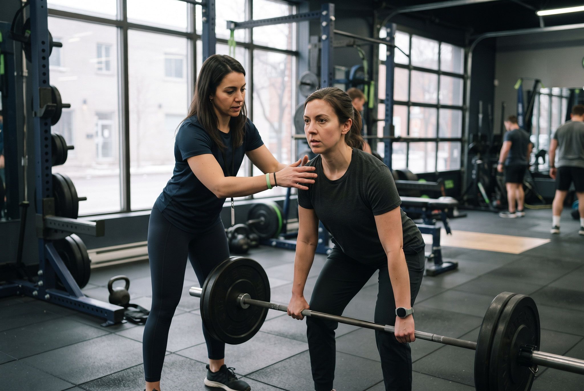 A coach correcting a member’s lifting form on the training floor of an independent gym.