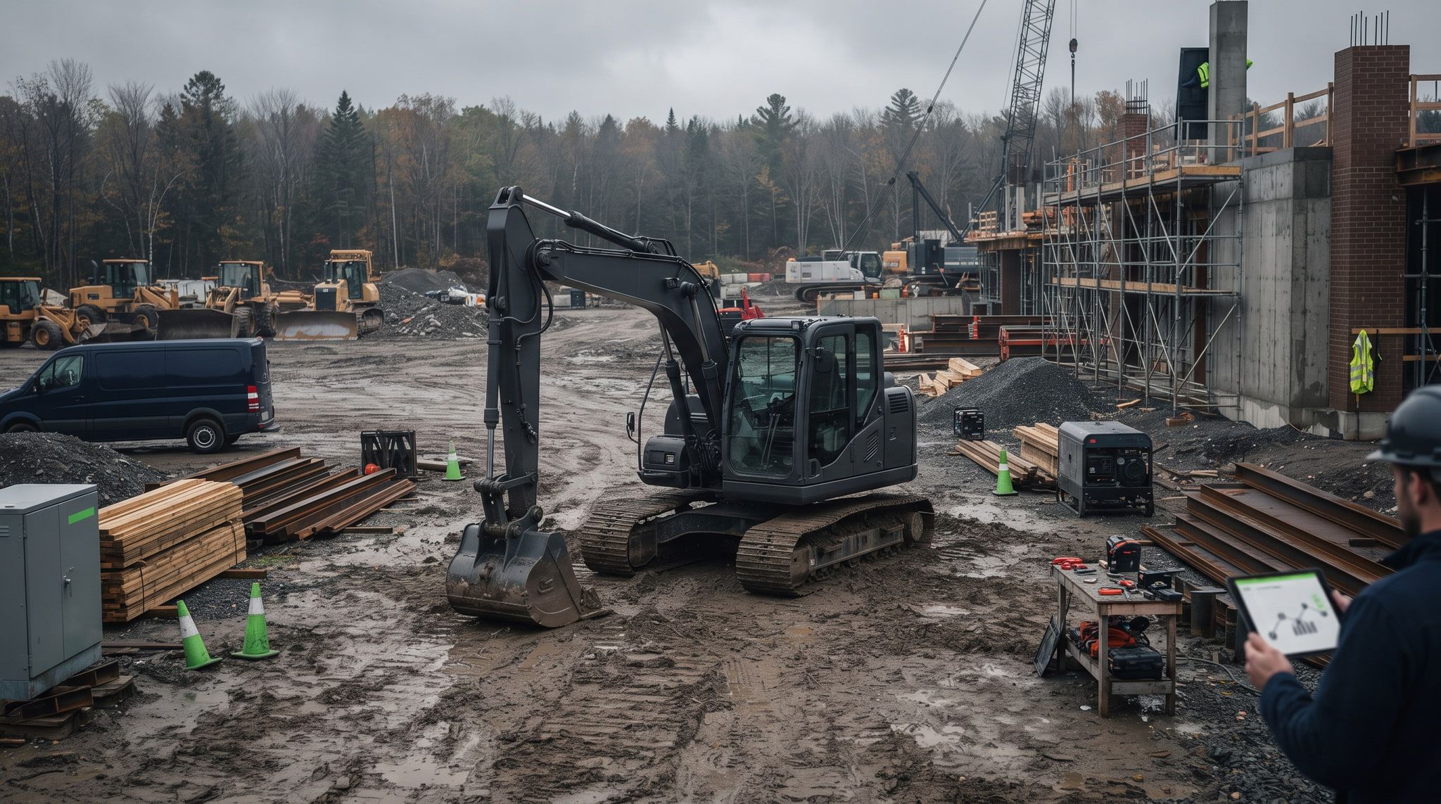 An excavator sitting idle in the middle of a paused earthworks site.