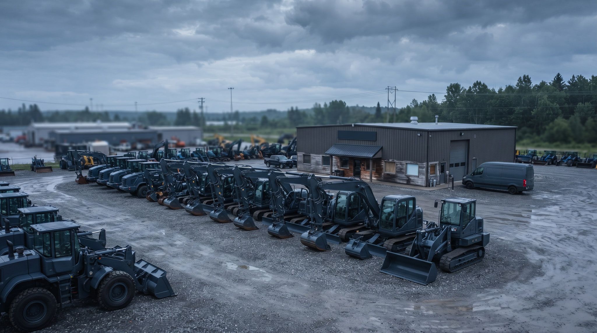 Rows of excavators and loaders parked in an orderly dealership yard at first light.