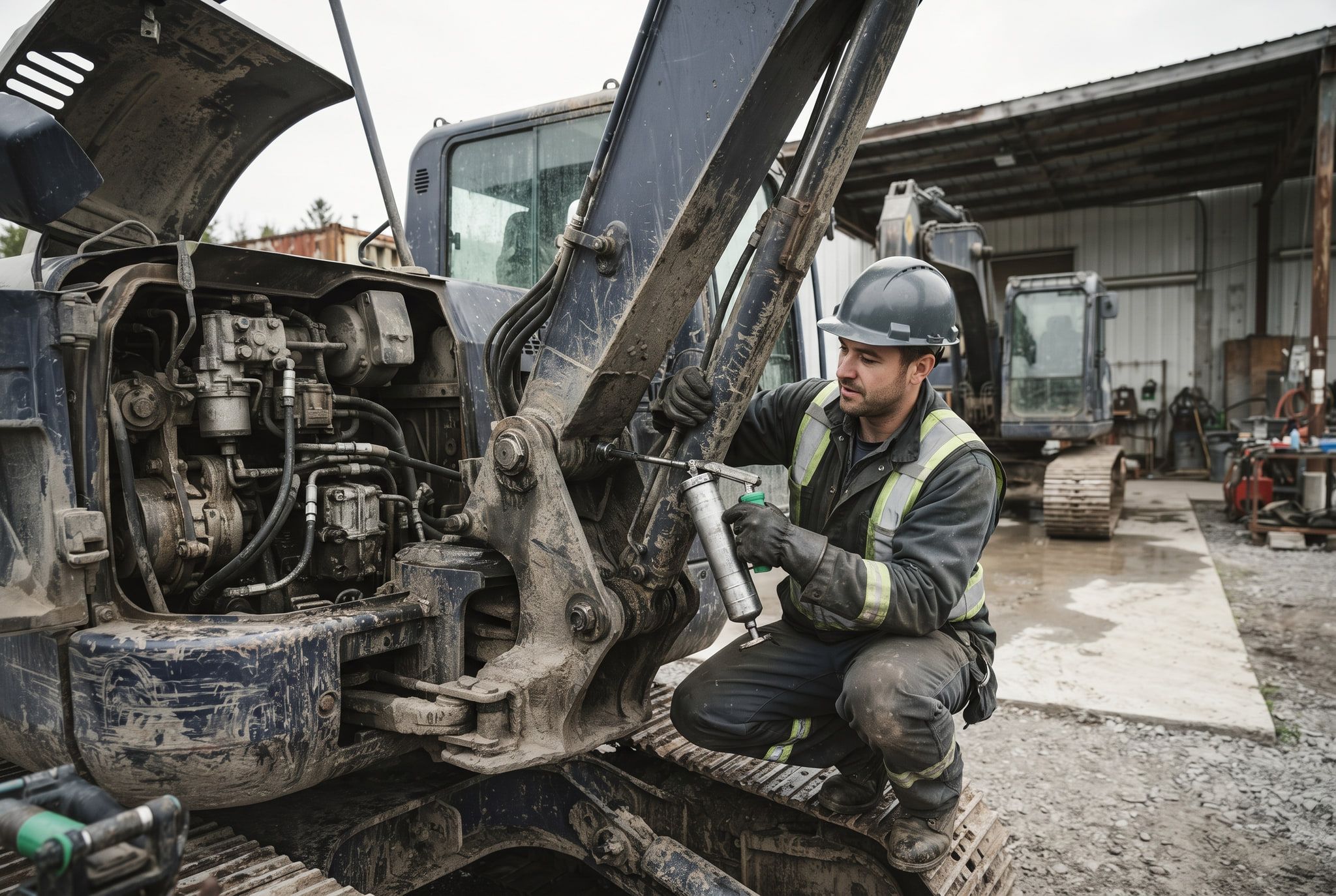 A mechanic greasing an excavator pivot during scheduled fleet maintenance.