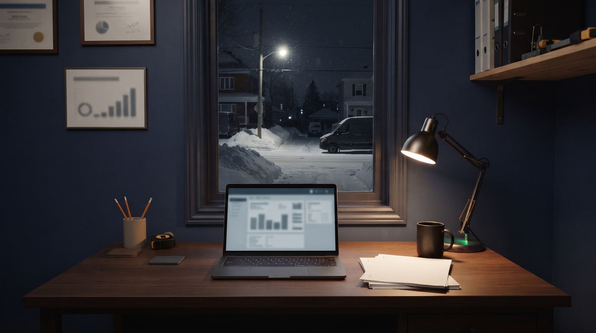 A contractor's desk at night with a laptop, a stack of printed notices and a snowy street through the window.