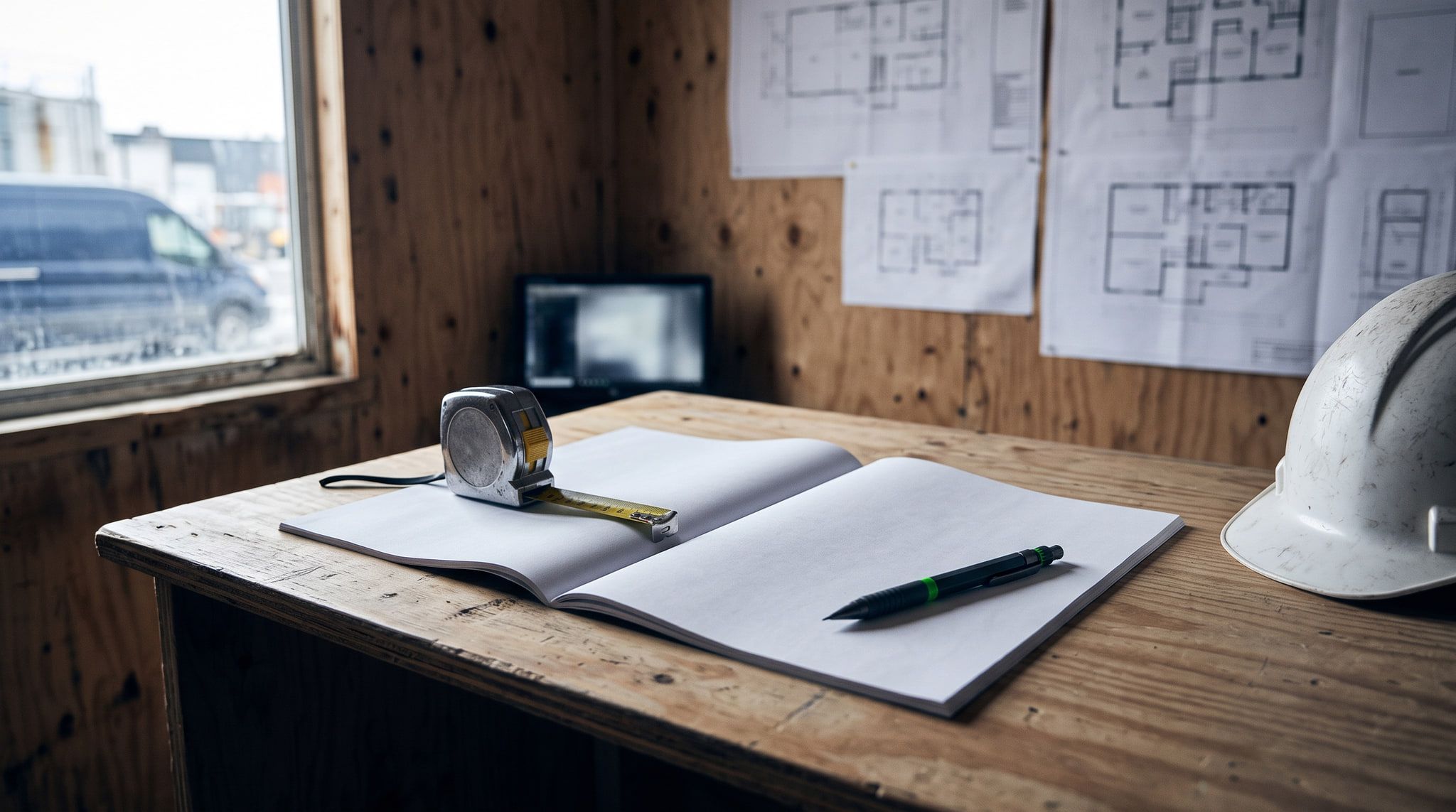 A printed tender document held open by a tape measure on a site trailer desk, hard hat beside it.