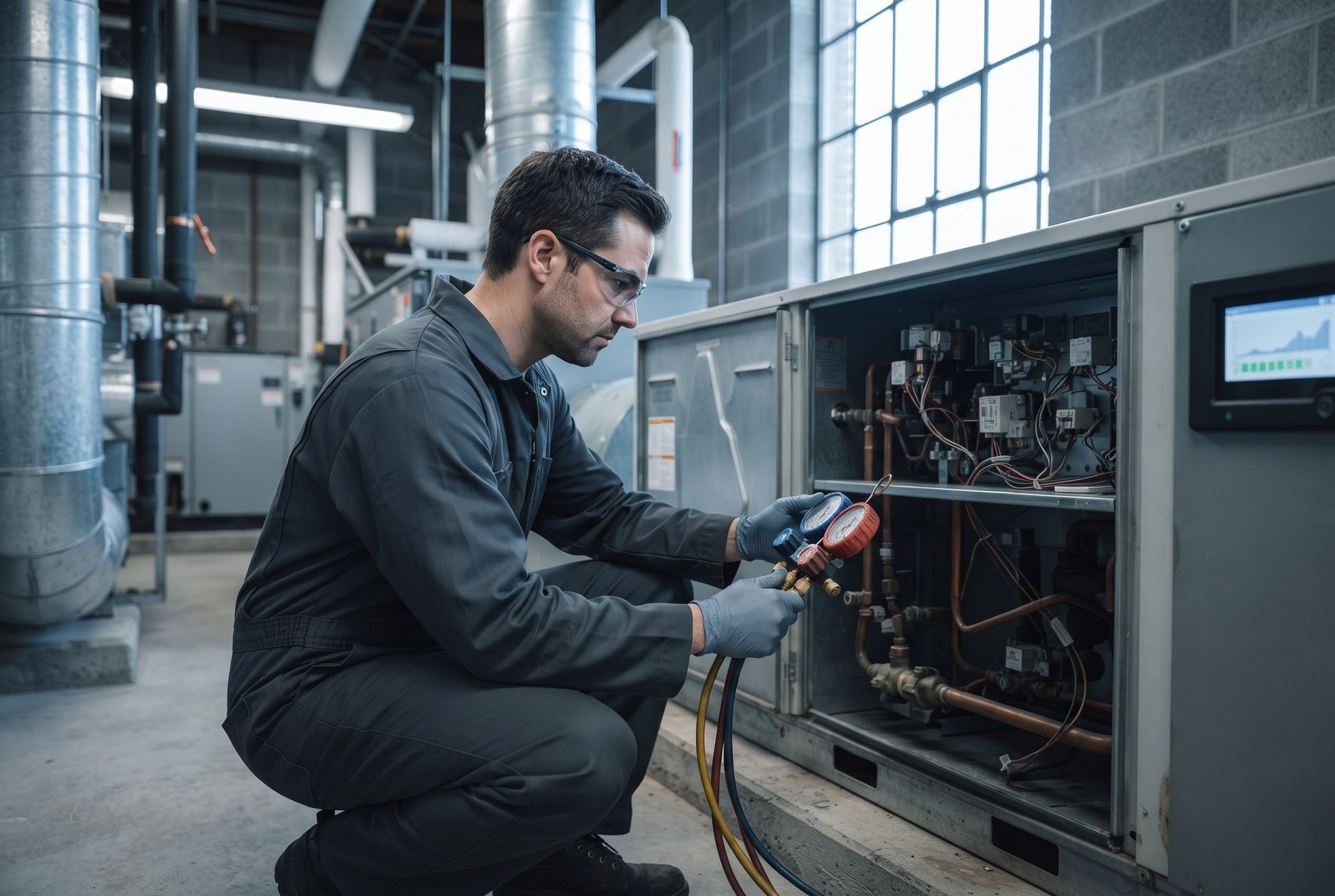 An HVAC technician servicing an air handling unit in a mechanical room.