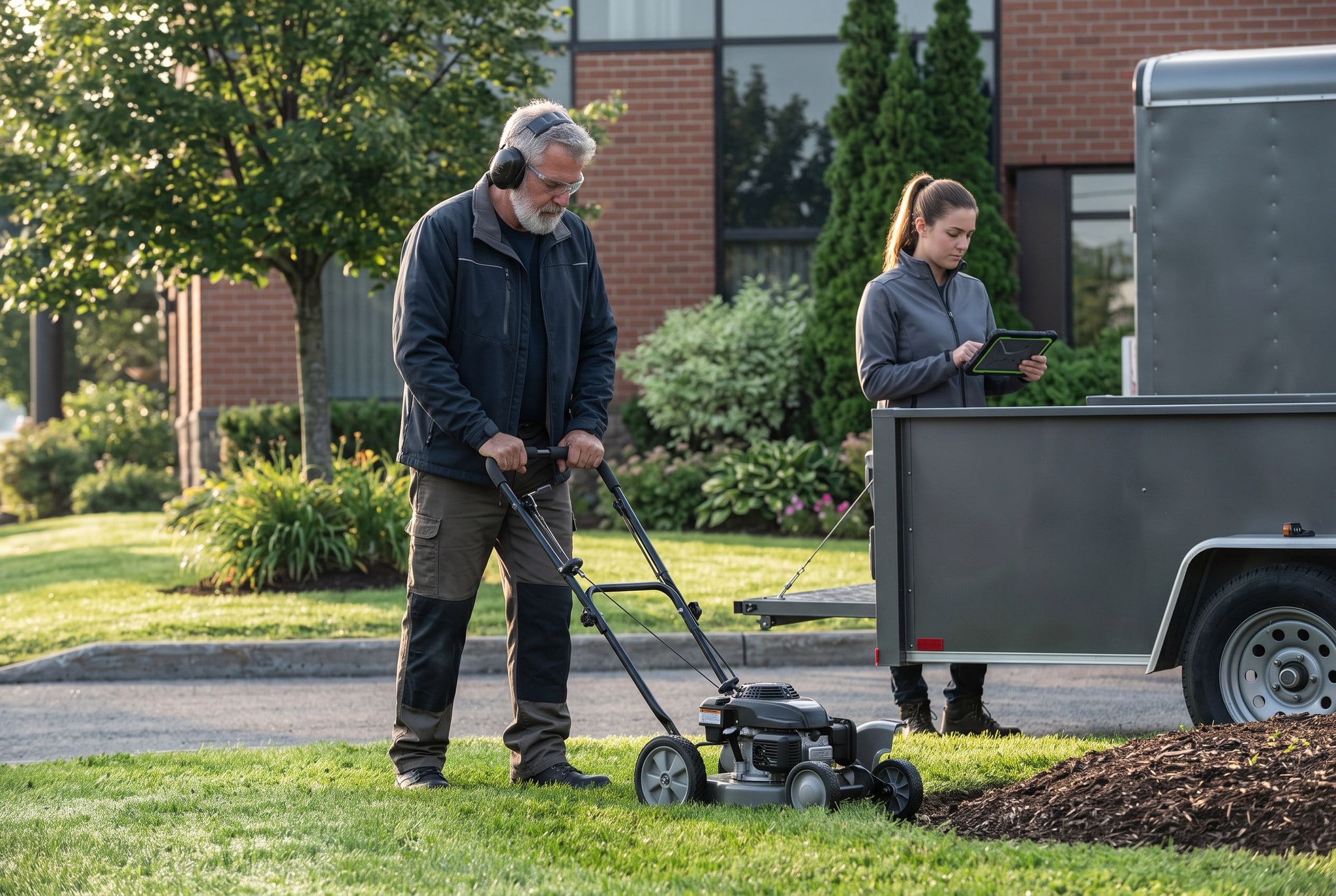 A landscaping crew maintaining a commercial property while the crew lead checks the route.