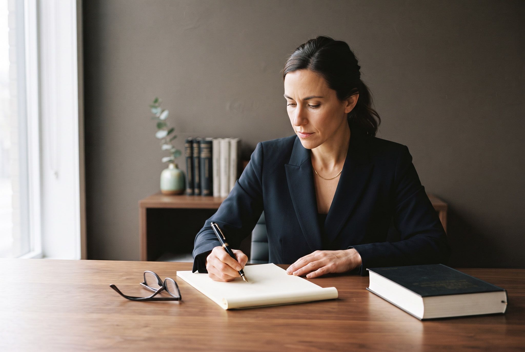 A lawyer preparing at a desk with bound volumes and blank paper, no client material visible.