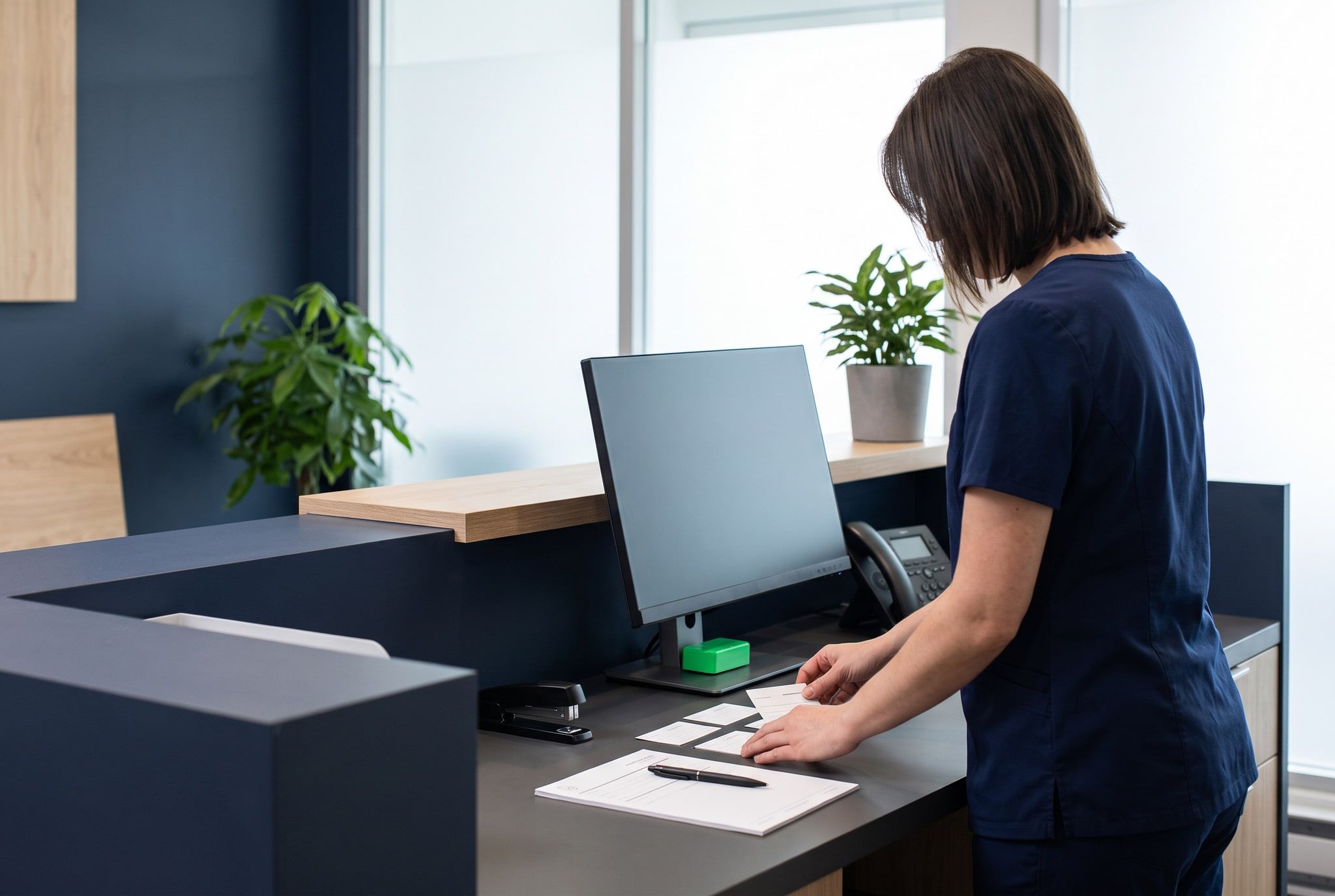 A clinic administrator organising appointments at a reception desk, with no patient present.