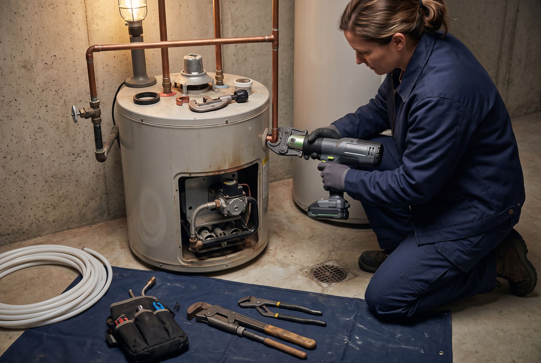 A plumber connecting a copper supply line while servicing a residential water heater.