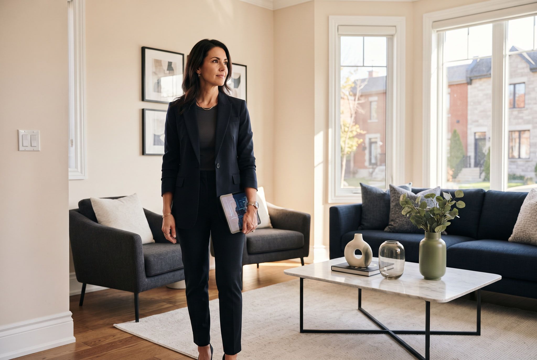 An agent doing a final walkthrough of a staged living room before listing photography.
