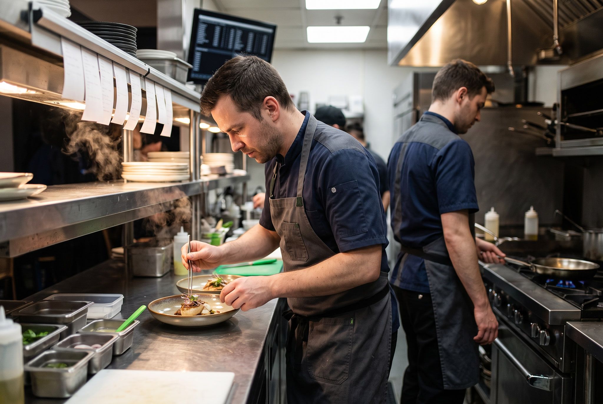 A chef plating dishes at the pass while a line cook works the range behind.
