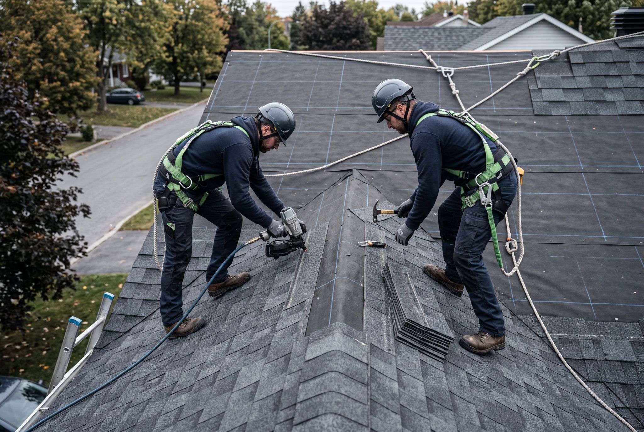 Two roofers in fall-arrest harnesses installing shingles on a residential roof.