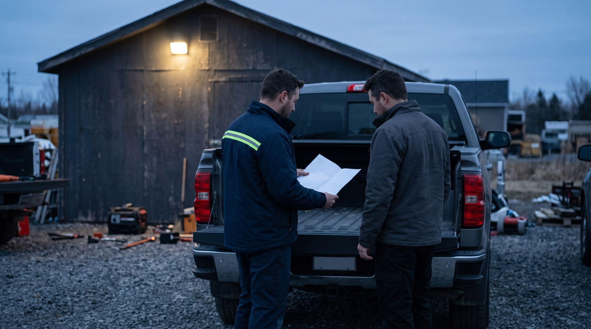 Two contractors reviewing a folded document at a pickup tailgate in a gravel yard at dusk.