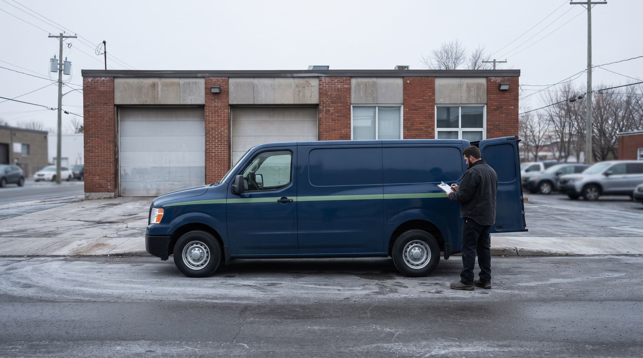 Un entrepreneur lit un bloc-notes à côté de son camion devant un garage municipal, un matin de gel.