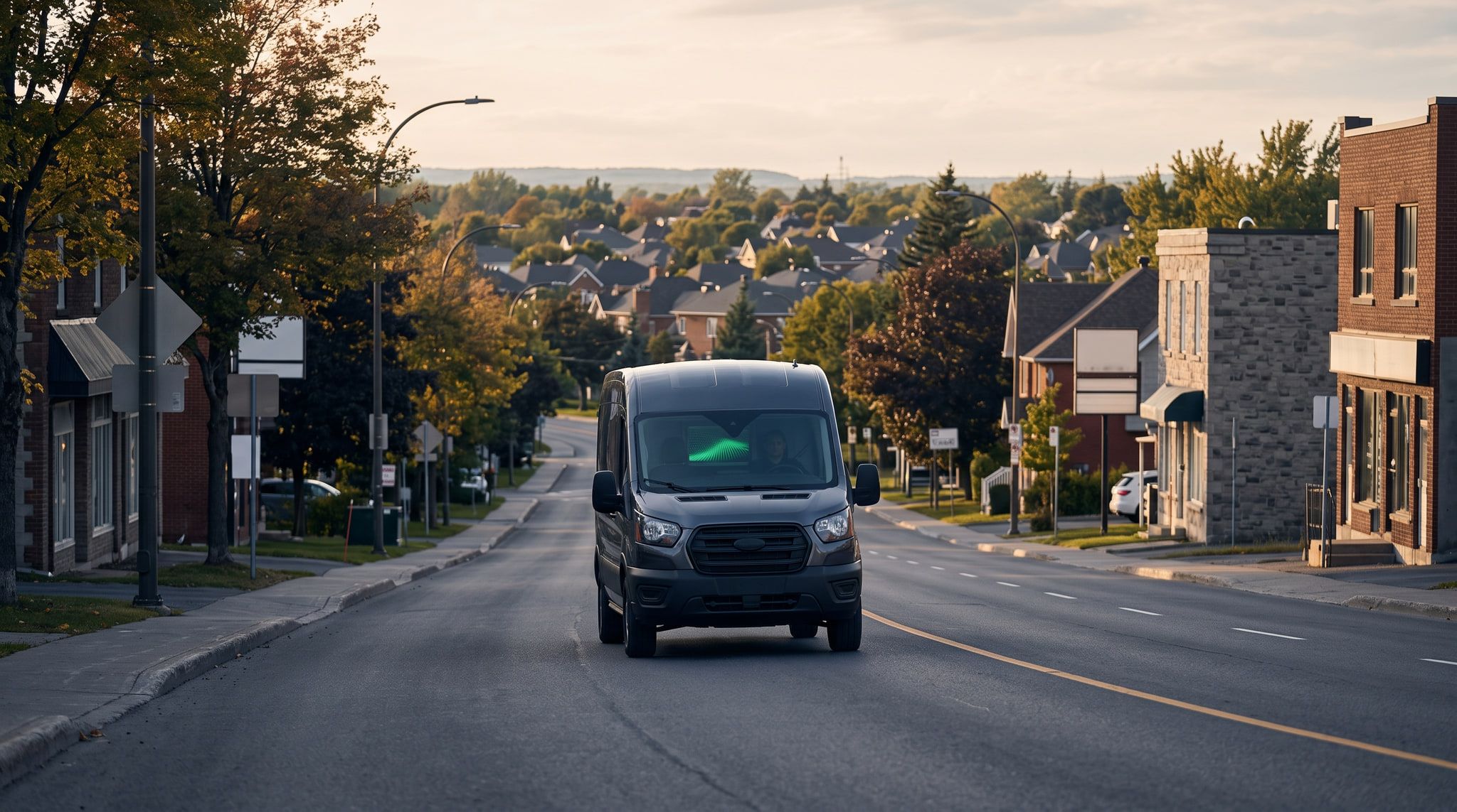 A service van on a suburban road heading from one town toward the next.